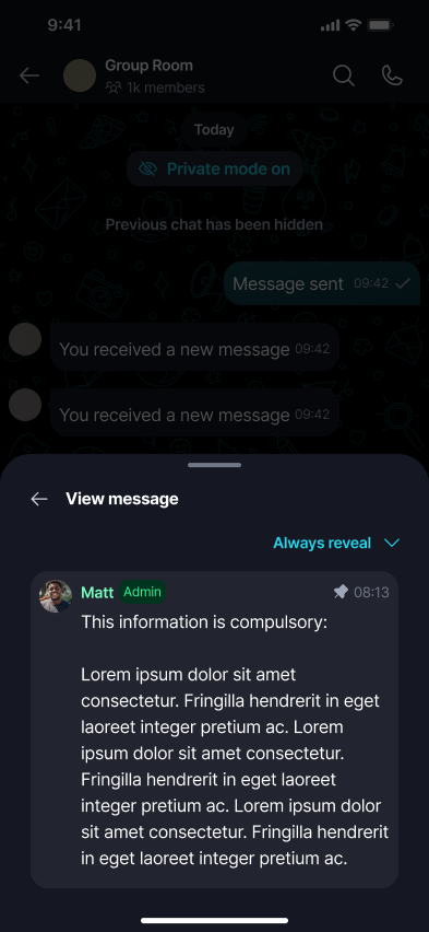 Private Mode π Β· Mobile Switching the View message sheet to Always reveal keeps that message unmasked going forward.